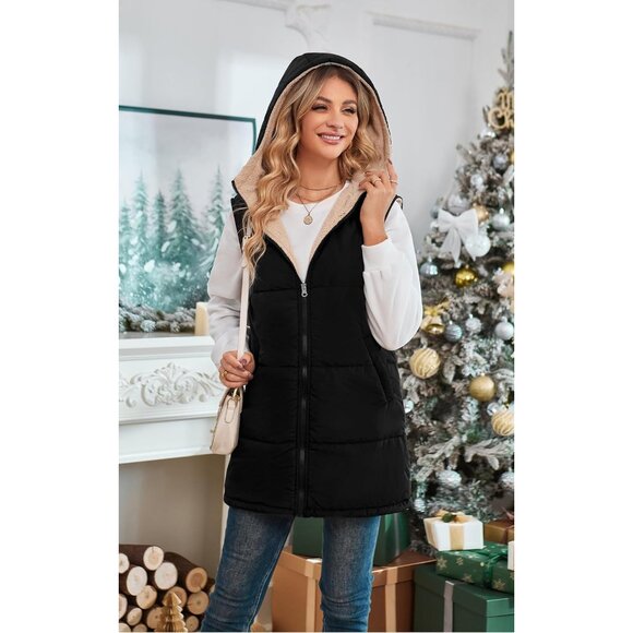 Women Long Puffer Vest: Fall Zip up Reversible Fleece Jacket 2025 Winter Warm Sl - Picture 3 of 7